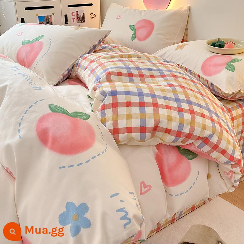 Ins Gió Hoạt Hình Bộ 4 Bộ Cotton Nguyên Chất 100 Cotton Ga Trải Giường Vỏ Chăn Lưới Chăn Ga Gối Màu Đỏ Ký Túc Xá 3 Mảnh Ga Giường - Quả đào nhỏ dễ thương