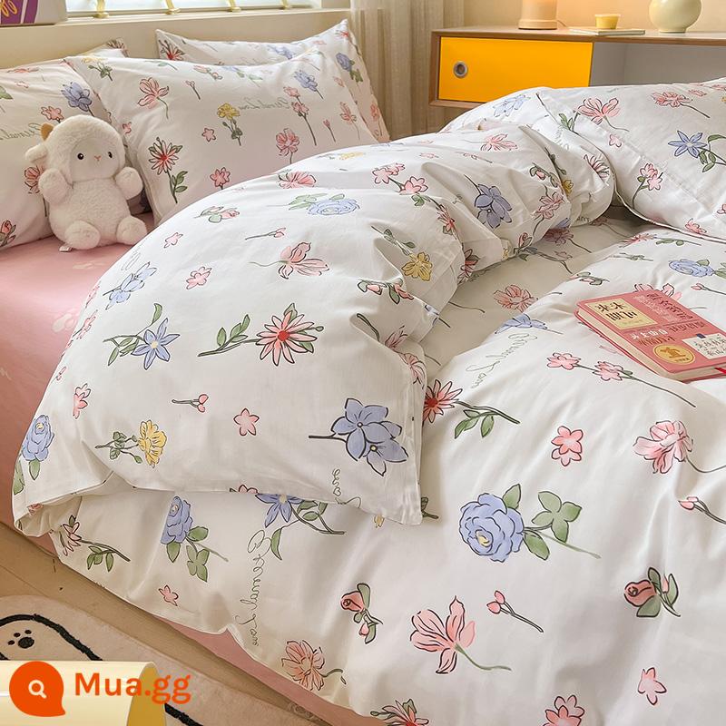 Ins phong cách nông thôn cotton nguyên chất 4 mảnh 100 cotton ga trải giường hoa chăn ga trải giường màu hồng ba mảnh được trang bị tấm - hoa