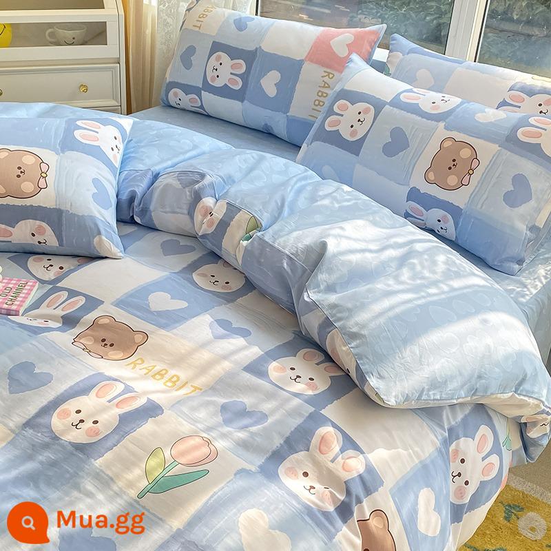 Ins Gió Hoạt Hình Bộ 4 Bộ Cotton Nguyên Chất 100 Cotton Ga Trải Giường Vỏ Chăn Lưới Chăn Ga Gối Màu Đỏ Ký Túc Xá 3 Mảnh Ga Giường - Thỏ trắng và gấu