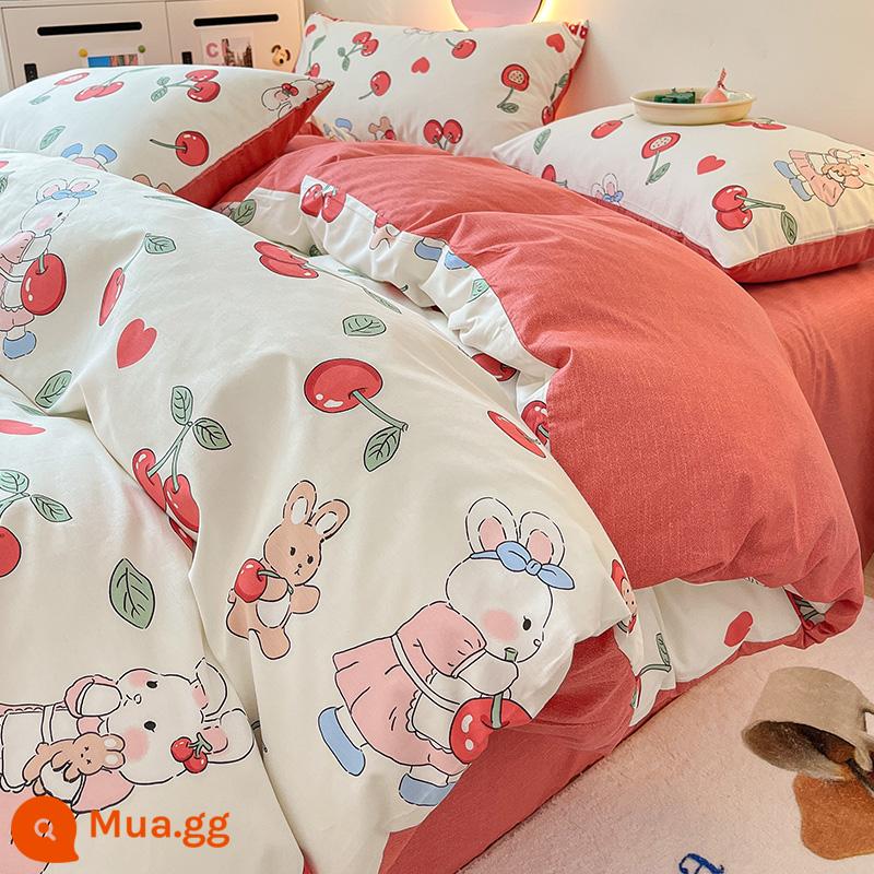 Ins Gió Hoạt Hình Bộ 4 Bộ Cotton Nguyên Chất 100 Cotton Ga Trải Giường Vỏ Chăn Lưới Chăn Ga Gối Màu Đỏ Ký Túc Xá 3 Mảnh Ga Giường - Chú thỏ anh đào hạnh phúc