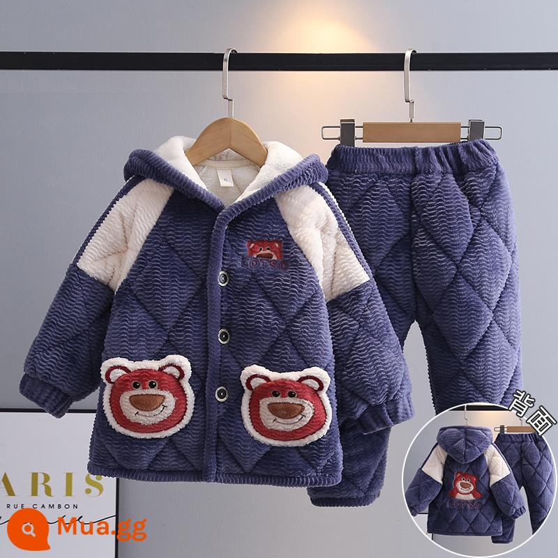 Trẻ Em Bộ Đồ Ngủ Mùa Đông Dày Plus Nhung Plus Cotton Nỉ Hoạt Hình Có Mũ Trùm Đầu Bé Trai Nhà Quần Áo Nỉ San Hô Phù Hợp Với Mùa Đông - H26-Gấu đỏ xanh đậm