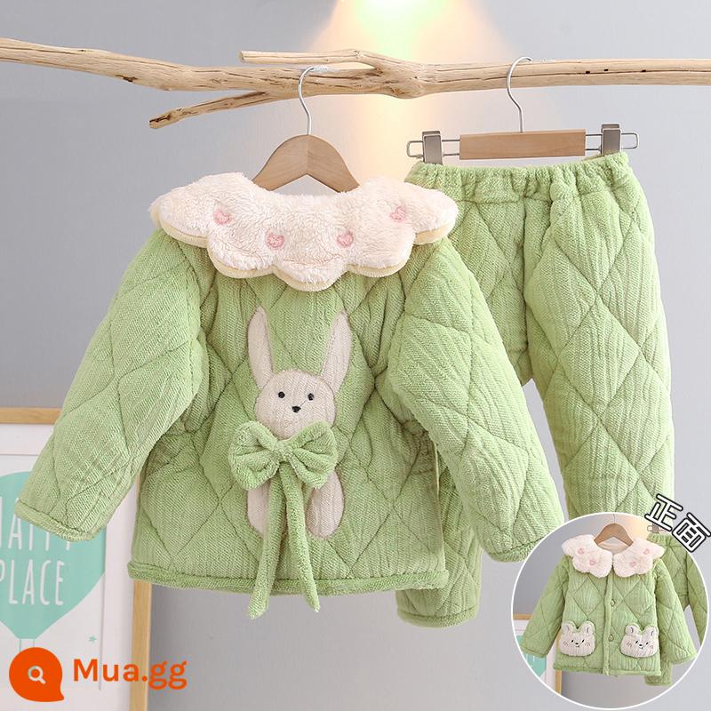 Trẻ Em Bộ Đồ Ngủ Mùa Đông Dày Plus Nhung Plus Cotton Nỉ Hoạt Hình Có Mũ Trùm Đầu Bé Trai Nhà Quần Áo Nỉ San Hô Phù Hợp Với Mùa Đông - H172-Thỏ bướm xanh