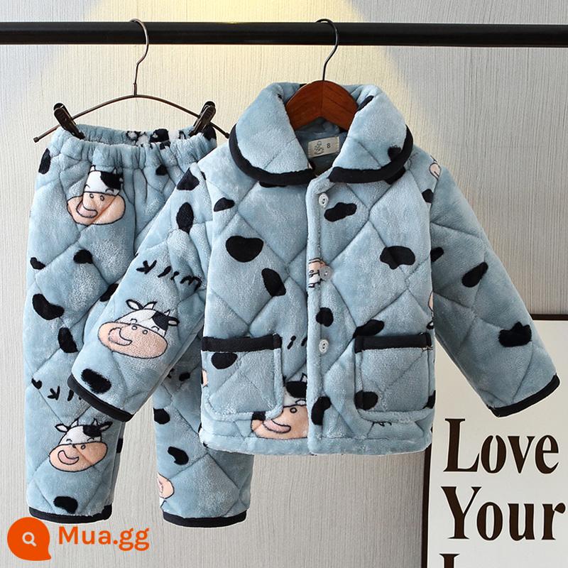 Bộ đồ ngủ trẻ em mùa đông 3 lớp dày chần bông flannel phù hợp với bé gái san hô trang mới bé trai nhà quần áo - H332-Bò