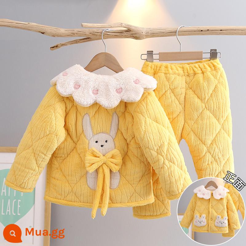 Trẻ Em Bộ Đồ Ngủ Mùa Đông Dày Plus Nhung Plus Cotton Nỉ Hoạt Hình Có Mũ Trùm Đầu Bé Trai Nhà Quần Áo Nỉ San Hô Phù Hợp Với Mùa Đông - H169-thỏ bướm vàng