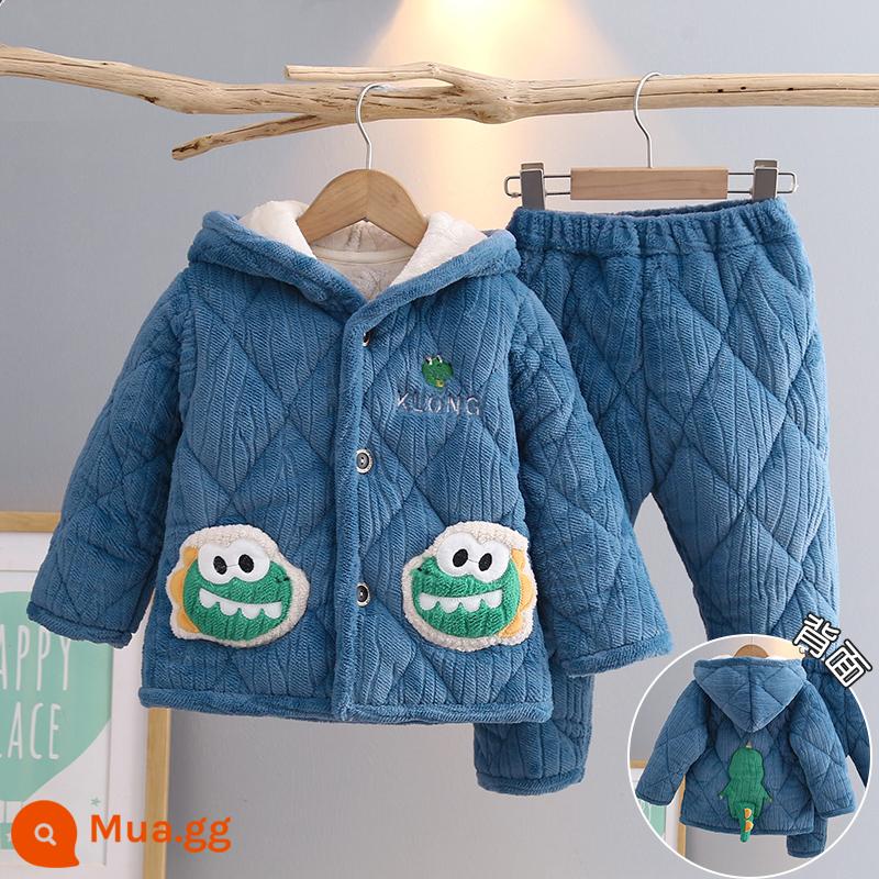 Trẻ Em Bộ Đồ Ngủ Mùa Đông Dày Plus Nhung Plus Cotton Nỉ Hoạt Hình Có Mũ Trùm Đầu Bé Trai Nhà Quần Áo Nỉ San Hô Phù Hợp Với Mùa Đông - H174-Rồng Cười Xanh