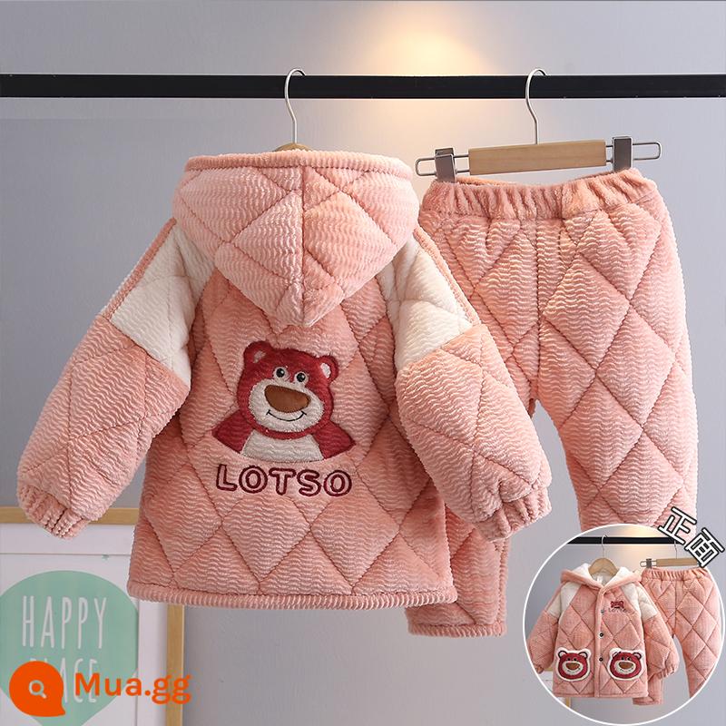 Trẻ Em Bộ Đồ Ngủ Mùa Đông Dày Plus Nhung Plus Cotton Nỉ Hoạt Hình Có Mũ Trùm Đầu Bé Trai Nhà Quần Áo Nỉ San Hô Phù Hợp Với Mùa Đông - H25-Gấu Hồng