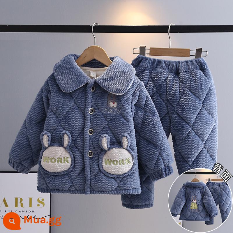 Trẻ Em Bộ Đồ Ngủ Mùa Đông Dày Plus Nhung Plus Cotton Nỉ Hoạt Hình Có Mũ Trùm Đầu Bé Trai Nhà Quần Áo Nỉ San Hô Phù Hợp Với Mùa Đông - H43-Blue WORK cổ vuông hình thỏ