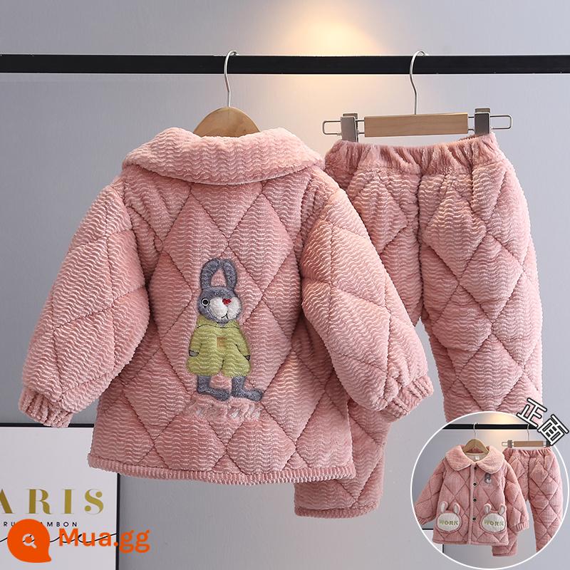 Trẻ Em Bộ Đồ Ngủ Mùa Đông Dày Plus Nhung Plus Cotton Nỉ Hoạt Hình Có Mũ Trùm Đầu Bé Trai Nhà Quần Áo Nỉ San Hô Phù Hợp Với Mùa Đông - H42-Pink WORK thỏ cổ vuông