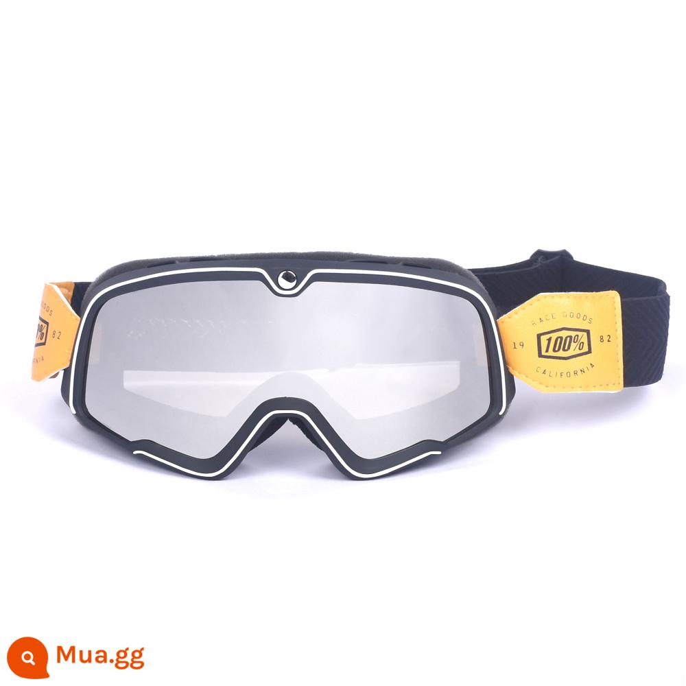 100% kính xe máy Harley retro chống gió cát kính xe máy off-road cưỡi mũ bảo hiểm 3/4 kính - Tấm bạc gọng đen - kính đeo đai đen, tròng kính trong suốt thay thế miễn phí