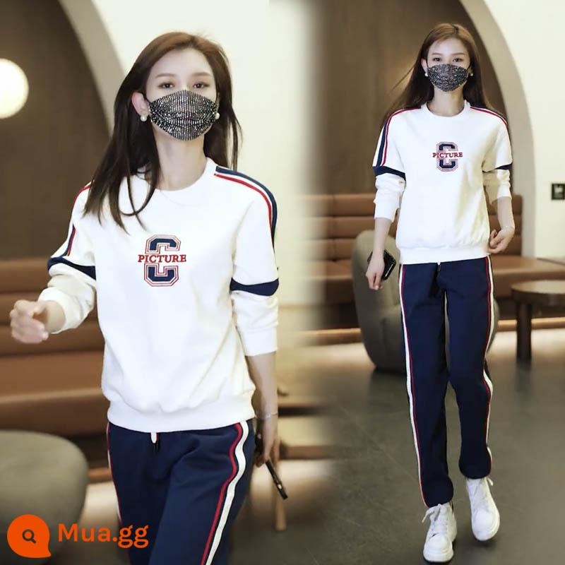 Bộ đồ thể thao giải trí nữ mùa xuân 2023 thời trang mới cổ tròn cotton dày T quần 2 mảnh chạy bộ hợp thời trang - bộ đồ trắng