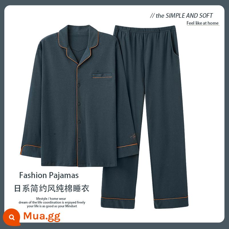 Catman Bộ Đồ Ngủ Nam Xuân Thu Cotton Nguyên Chất Dài Tay 2023 Mới Cardigan Cotton Mùa Hè Kích Thước Lớn Mặc Ở Nhà bộ - Y3942-Xanh đậm [100% cotton-mặc được mọi mùa]