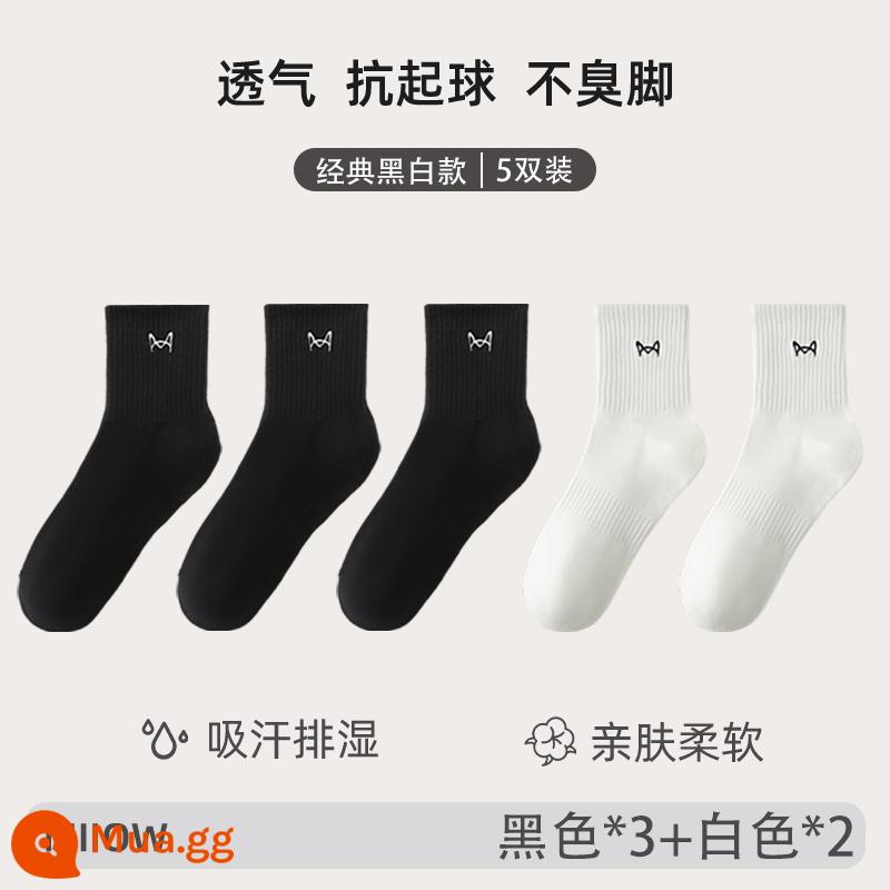 Catman Nam Thu Đông Tất Cotton Nguyên Chất Thể Thao Thanh Niên Kháng Khuẩn Và Khử Mùi Sinh Viên Thể Thao Vừa Và Ngắn Trắng - 2 đôi trắng + 3 đôi đen (ống ngắn)