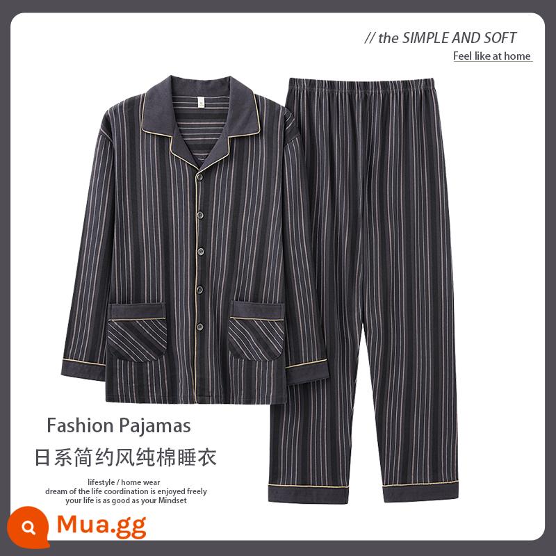 Catman Bộ Đồ Ngủ Nam Xuân Thu Cotton Nguyên Chất Dài Tay 2023 Mới Cardigan Cotton Mùa Hè Kích Thước Lớn Mặc Ở Nhà bộ - Y3912-Sọc [100% cotton-mặc được mọi mùa]