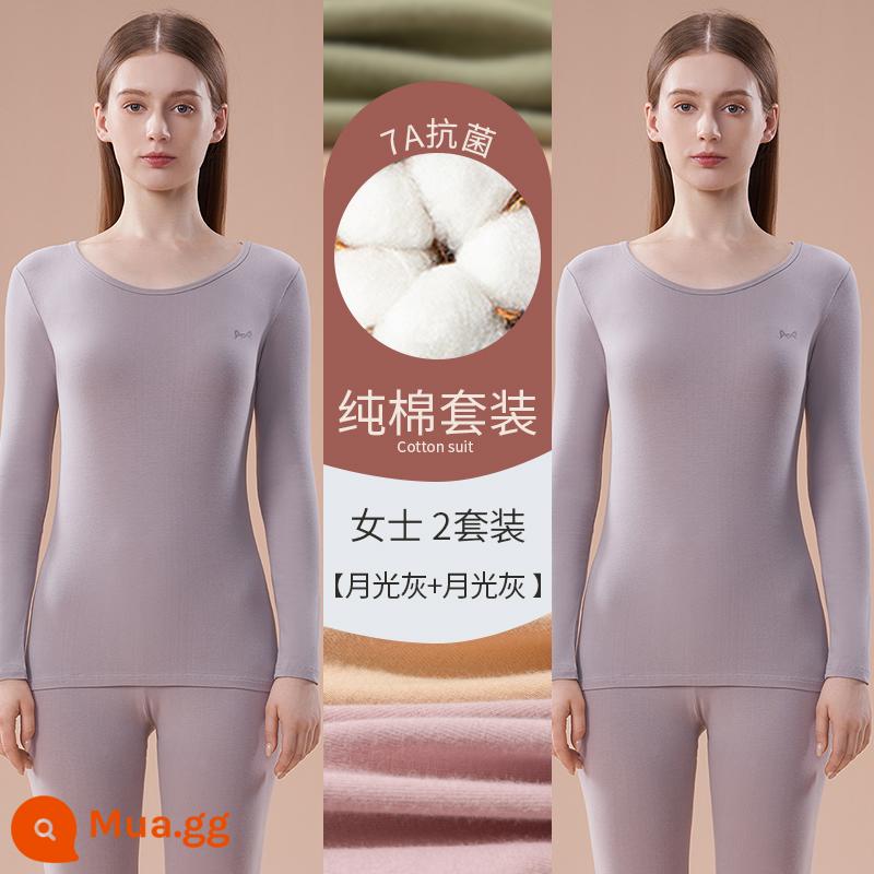 Catman Quần áo làm nóng bằng cotton nguyên chất Áo len cotton nữ có đáy bên trong Mặc quần áo mùa thu Bộ quần vệ sinh Phần mỏng kháng khuẩn mùa đông cho nữ - Xám ánh trăng + Xám ánh trăng