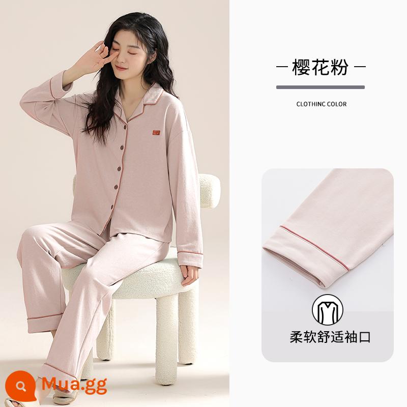 Bộ đồ ngủ Catman dành cho nữ mùa xuân và mùa thu cotton nguyên chất dài tay 2023 mùa đông mới kích thước lớn màu trơn mặc nhà mặc bộ - Hồng Sakura [100% cotton, kiểu dáng giống hình] [Công chúa vui lòng đặt hàng]