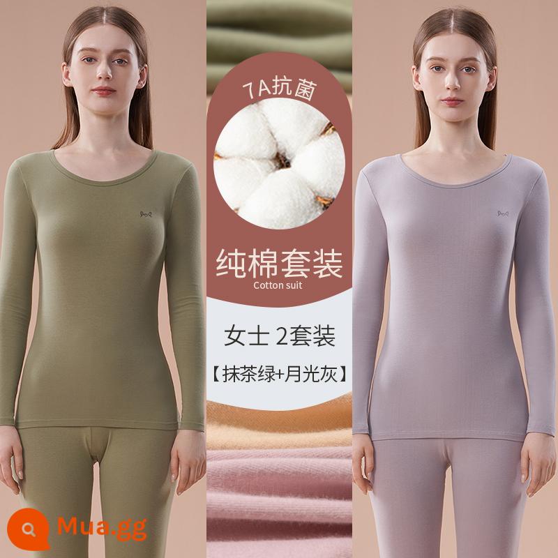 Catman Quần áo làm nóng bằng cotton nguyên chất Áo len cotton nữ có đáy bên trong Mặc quần áo mùa thu Bộ quần vệ sinh Phần mỏng kháng khuẩn mùa đông cho nữ - Xanh Matcha + xám ánh trăng