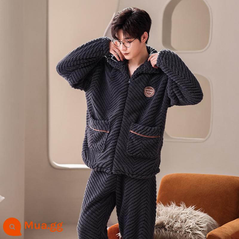 Pyjama pyjamas nam san hô mùa đông san hô dày Velvet ấm áp có thể mặc quần áo nhà sang trọng của nam giới dài - 238268W xám đen [nhung nhung]