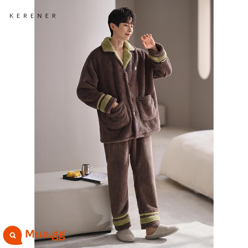 Pyjama pyjamas nam san hô mùa đông san hô dày Velvet ấm áp có thể mặc quần áo nhà sang trọng của nam giới dài - Màu cà phê đậm 220198W [mặc ở 0°C~15°C]