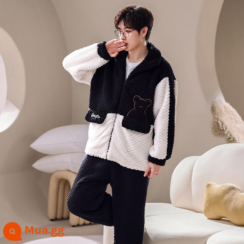 Pyjama pyjamas nam san hô mùa đông san hô dày Velvet ấm áp có thể mặc quần áo nhà sang trọng của nam giới dài - 238298W đen trắng [nhung nhung]