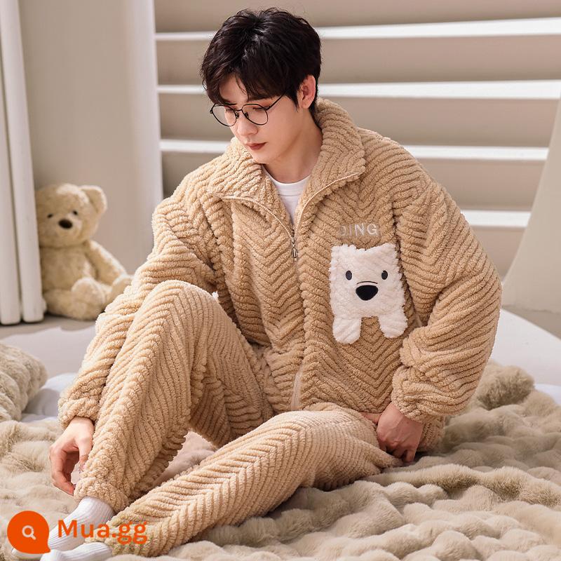 Pyjama pyjamas nam san hô mùa đông san hô dày Velvet ấm áp có thể mặc quần áo nhà sang trọng của nam giới dài - 238328W Khaki [Jacquard Nhung]