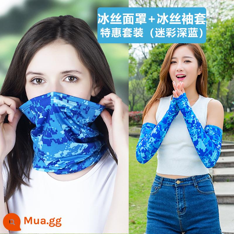 Mặt nạ chống nắng khăn quàng cổ mùa hè Magic Turban cổ mỏng che mặt nam nữ ngoài trời băng lụa che mặt cưỡi mũ trùm đầu - Bandana + tay áo (ngụy trang màu xanh đậm) mua 2 tặng 1