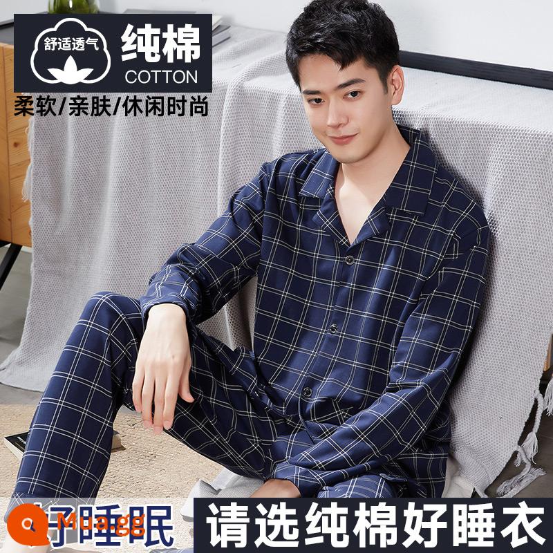 Nanjiren Bộ Đồ Ngủ Nam Nam Xuân Thu Cotton Dài Tay Homewear Nam Thu Đông Bộ Đồ Mỏng - Kẻ sọc xanh