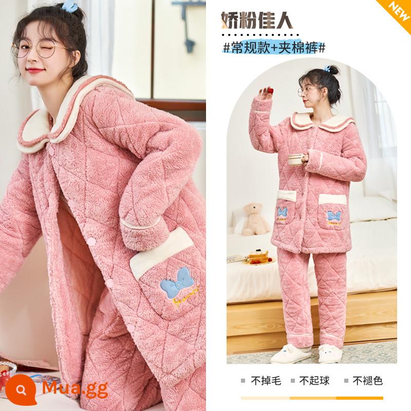 Nỉ san hô váy ngủ nữ mùa thu đông 2022 nhung mới cotton dày Bộ đồ ngủ trung dài flannel dịch vụ tại nhà - Vẻ đẹp màu hồng xinh xắn [kiểu dáng thường ngày + quần chần bông]