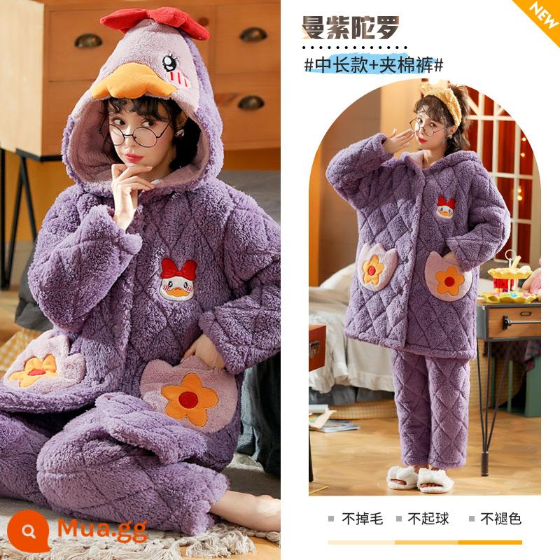 Mùa thu và mùa đông ba -layer cotton cotton pyjama phụ nữ san hô san hô dày nhung phiên bản dài của bộ đồ ngủ mũ trùm đầu mặc bộ quần áo nhà - Manzidala [phiên bản dài vừa phải + quần chần bông]