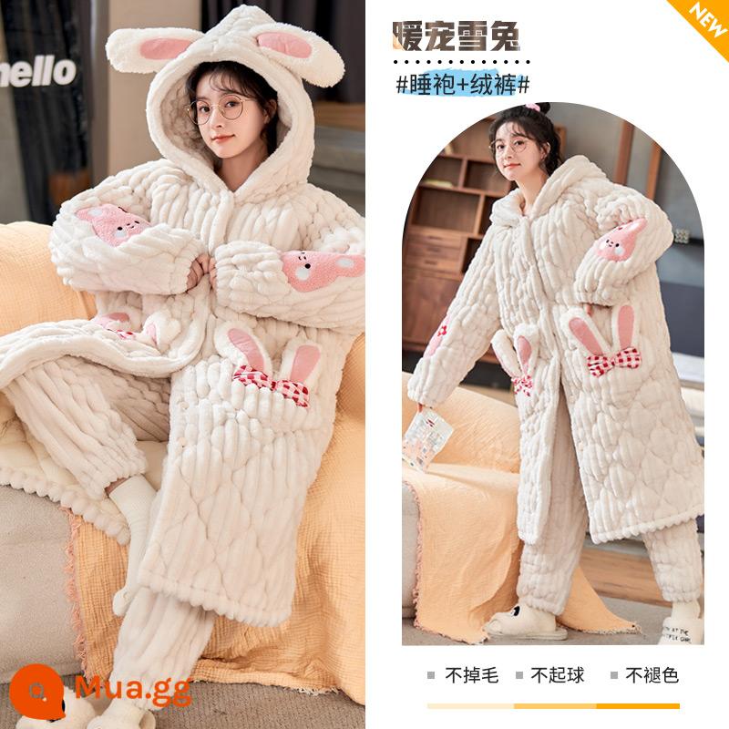 Mùa thu và mùa đông ba -layer cotton cotton pyjama phụ nữ san hô san hô dày nhung phiên bản dài của bộ đồ ngủ mũ trùm đầu mặc bộ quần áo nhà - Thỏ tuyết ấm áp cho thú cưng [kiểu đồ ngủ + quần nhung]