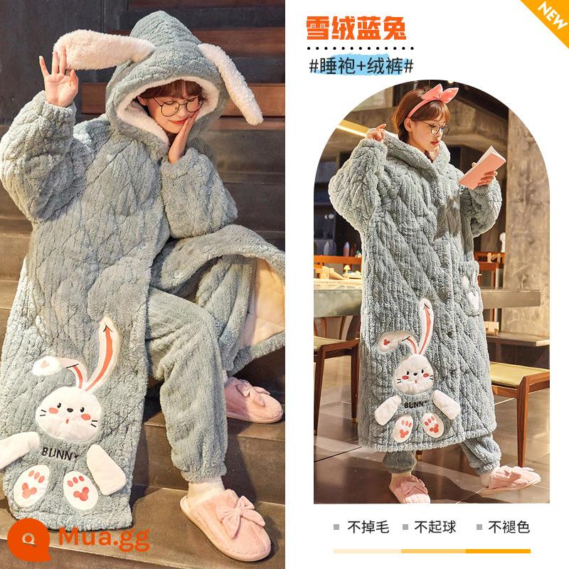 Mùa thu và mùa đông ba -layer cotton cotton pyjama phụ nữ san hô san hô dày nhung phiên bản dài của bộ đồ ngủ mũ trùm đầu mặc bộ quần áo nhà - Edelweiss Blue Rabbit [đồ ngủ + quần nhung]