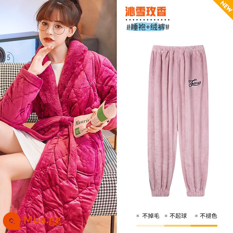 Mùa thu và mùa đông ba -layer cotton cotton pyjama phụ nữ san hô san hô dày nhung phiên bản dài của bộ đồ ngủ mũ trùm đầu mặc bộ quần áo nhà - Qinxue Meixiang [kiểu váy ngủ + quần nhung]