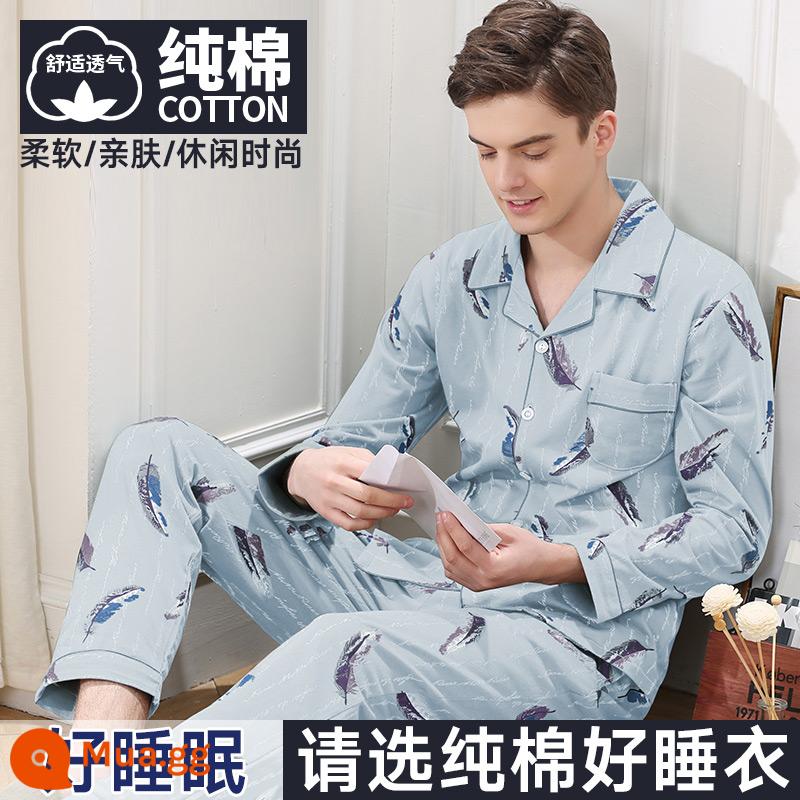 Nanjiren Bộ Đồ Ngủ Nam Nam Xuân Thu Cotton Dài Tay Homewear Nam Thu Đông Bộ Đồ Mỏng - chim sẻ tông màu xám