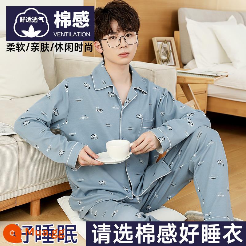 Nanjiren Bộ Đồ Ngủ Nam Nam Xuân Thu Cotton Dài Tay Homewear Nam Thu Đông Bộ Đồ Mỏng - [Phong cách Cotton Feel] Khói mát như gió