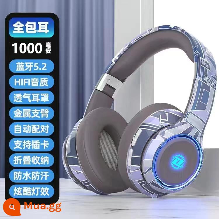 Tai nghe không dây Bluetooth E-Sport Tai nghe không dây Giảm tiếng ồn và cách âm để chơi game và chạy Tuổi thọ pin siêu dài Thích hợp cho Apple và Sony - Phiên bản Chaomu xám xanh [thích hợp cho tai lớn và nhỏ] (chip Bluetooth 5.2 ☆ pin 1000 mAh ☆ hiệu ứng ánh sáng không khí đơn sắc - có thể chuyển đổi)