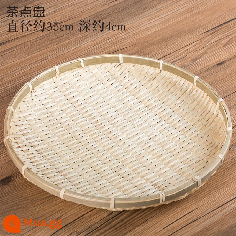 Handmade vàng lụa tre dệt trang trại khay đồ ăn nhẹ đĩa trái cây tròn quét rác rổ tre giỏ hấp bánh mì giải khát tấm trang trí mẫu giáo - Khay giải khát 35cm