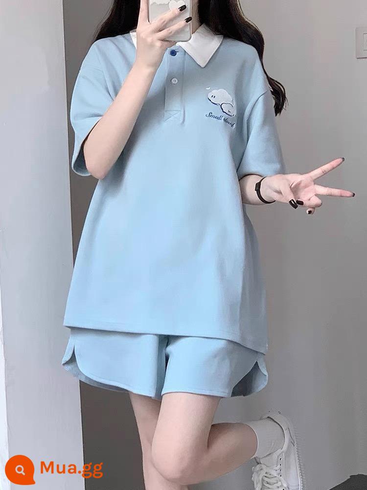 Phong cách đại học Áo sơ mi POLO ngắn tay quần short thể thao phù hợp với nữ sinh viên mùa hè phiên bản Hàn Quốc rời thường ngày hai mảnh chạy bộ - Màu xanh [bộ cotton hai mảnh]