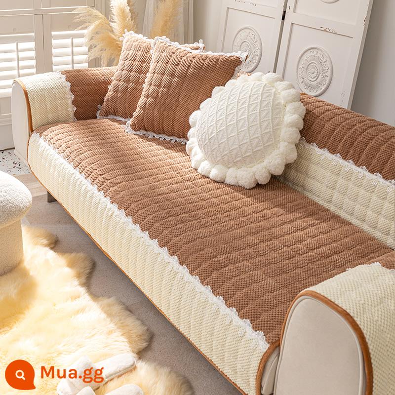 Sofa Vải Đệm Bốn Mùa Đa Năng Chống Trơn Trượt Bắc Âu Đơn Giản Dày Đệm Mùa Đông Sang Trọng Vỏ Bảo Vệ Khăn - Lời nói ngọt ngào-màu nâu