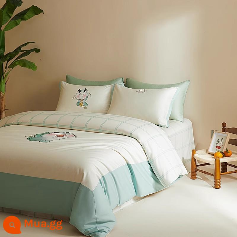 Bộ chăn ga gối đệm Mido House Mingdu bốn mảnh dài chủ lực cotton chải satin Bộ chăn ga gối đệm Năm con rồng phiên bản giới hạn - Long Bảo (kiểu sa-tanh tưởng nhớ)