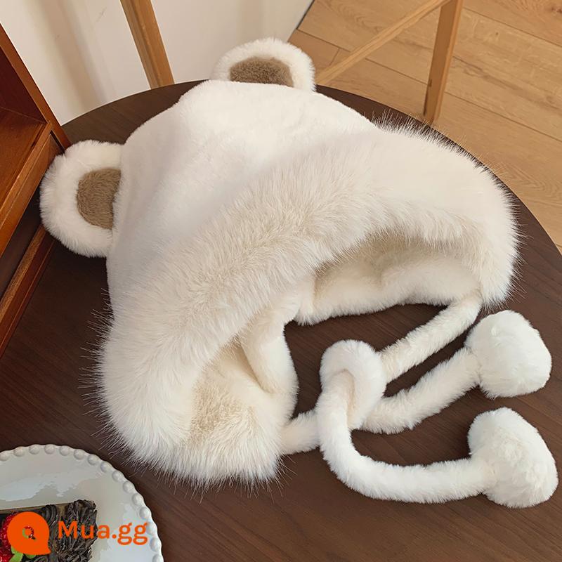 Phiên bản tiếng Hàn của Lei Feng Hat dễ thương Nữ Autumn and Winter Bears Hat Hat Plush Cap Plus Rider Rider Anti -cold Ears - trắng sữa