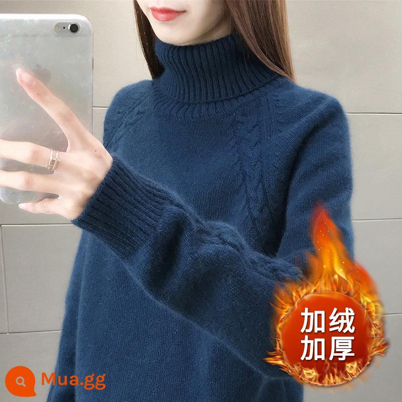 [100% cashmere] áo len nữ cao cổ mùa đông 2022 phong cách mới cộng với nhung dày mặc bên ngoài áo sơ mi có đáy bên trong - [Nhung dày] Màu xanh hải quân