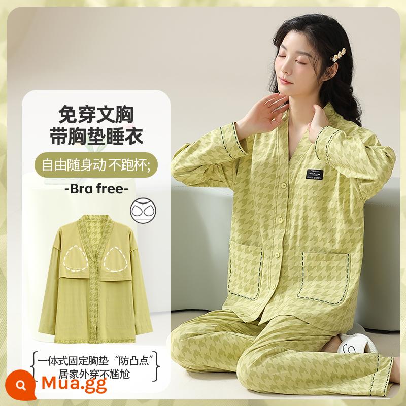 Bộ đồ ngủ cho nữ phong cách mùa hè cotton dài tay có miếng đệm ngực có thể mặc bên ngoài quần áo ở nhà bộ đồ cỡ lớn thông thường dành cho nữ mùa xuân thu - 89877