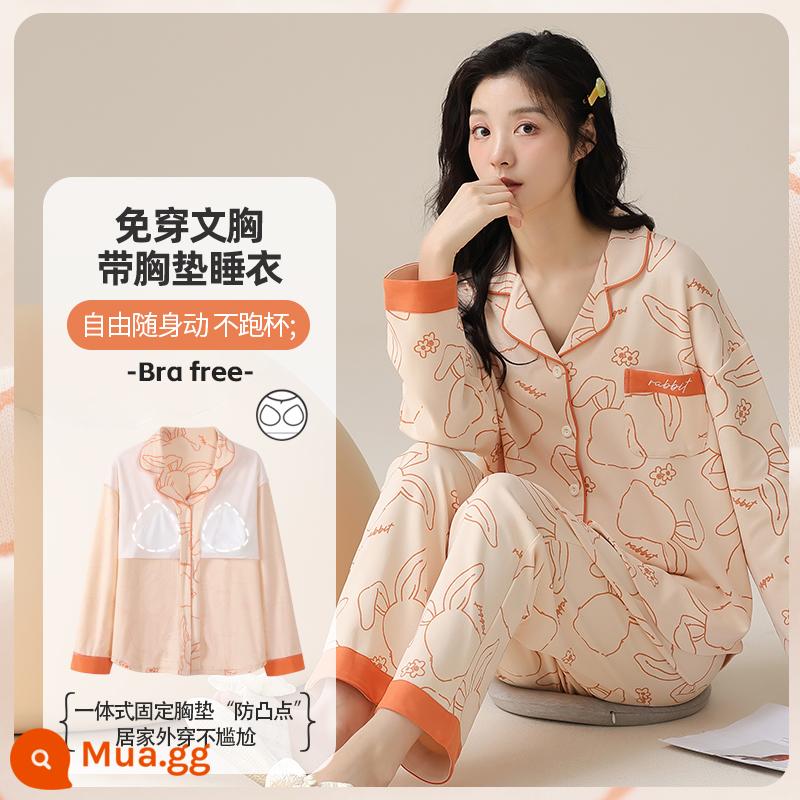 Bộ đồ ngủ cho nữ phong cách mùa hè cotton dài tay có miếng đệm ngực có thể mặc bên ngoài quần áo ở nhà bộ đồ cỡ lớn thông thường dành cho nữ mùa xuân thu - 412197