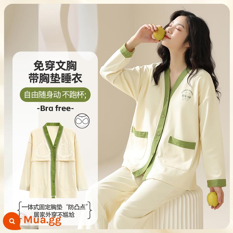 Bộ đồ ngủ cho nữ phong cách mùa hè cotton dài tay có miếng đệm ngực có thể mặc bên ngoài quần áo ở nhà bộ đồ cỡ lớn thông thường dành cho nữ mùa xuân thu - 89874