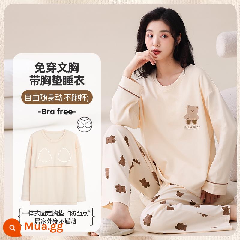 Bộ đồ ngủ mùa thu nữ cotton dài tay phù hợp với miếng đệm ngực 2023 mùa hè mới cotton dệt kim cỡ lớn quần áo mặc ở nhà - 88005