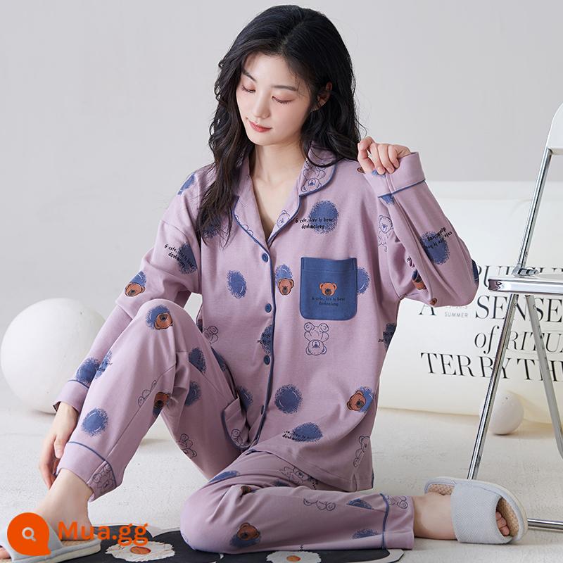 Bộ đồ ngủ cho nữ phong cách mùa hè cotton dài tay có miếng đệm ngực có thể mặc bên ngoài quần áo ở nhà bộ đồ cỡ lớn thông thường dành cho nữ mùa xuân thu - 3954 [Đệm ngực có thể tháo rời]