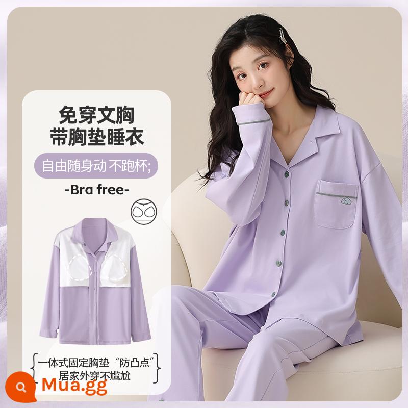 Bộ đồ ngủ cho nữ phong cách mùa hè cotton dài tay có miếng đệm ngực có thể mặc bên ngoài quần áo ở nhà bộ đồ cỡ lớn thông thường dành cho nữ mùa xuân thu - 412205