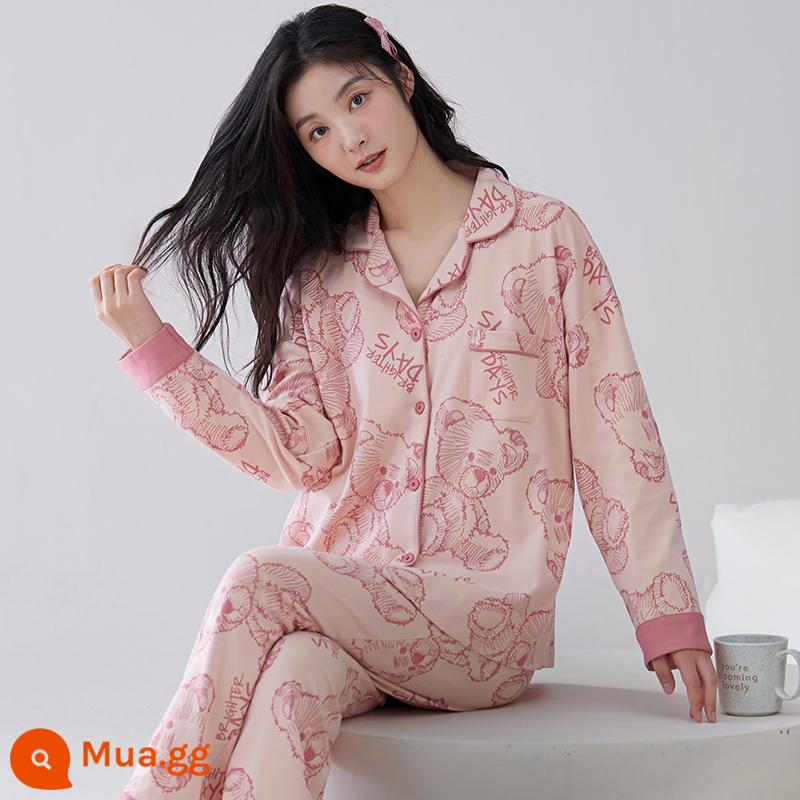 Bộ đồ ngủ cho nữ phong cách mùa hè cotton dài tay có miếng đệm ngực có thể mặc bên ngoài quần áo ở nhà bộ đồ cỡ lớn thông thường dành cho nữ mùa xuân thu - 3948 [Đệm ngực có thể tháo rời]