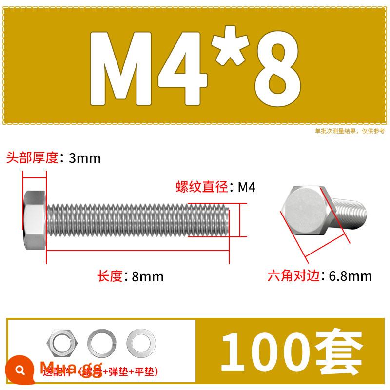 Thép Không Gỉ 304 Bên Ngoài Vít Lục Giác Bu Lông Bộ Daquan Phụ Kiện Ốc Vít Dài M4M5M6M8M10M12 - M4*8(100 bộ