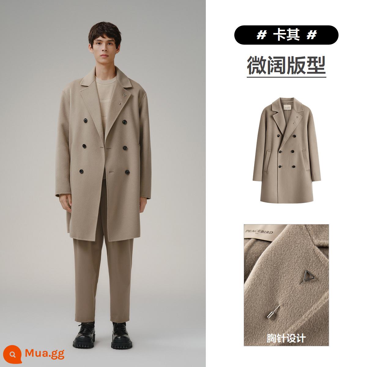 PEACEBIRD Nam Đôi Len Áo Khoác Len Nam Mùa Đông 2023 Mới Trung Dài Cashmere Áo Khoác - Khaki (micro rộng)