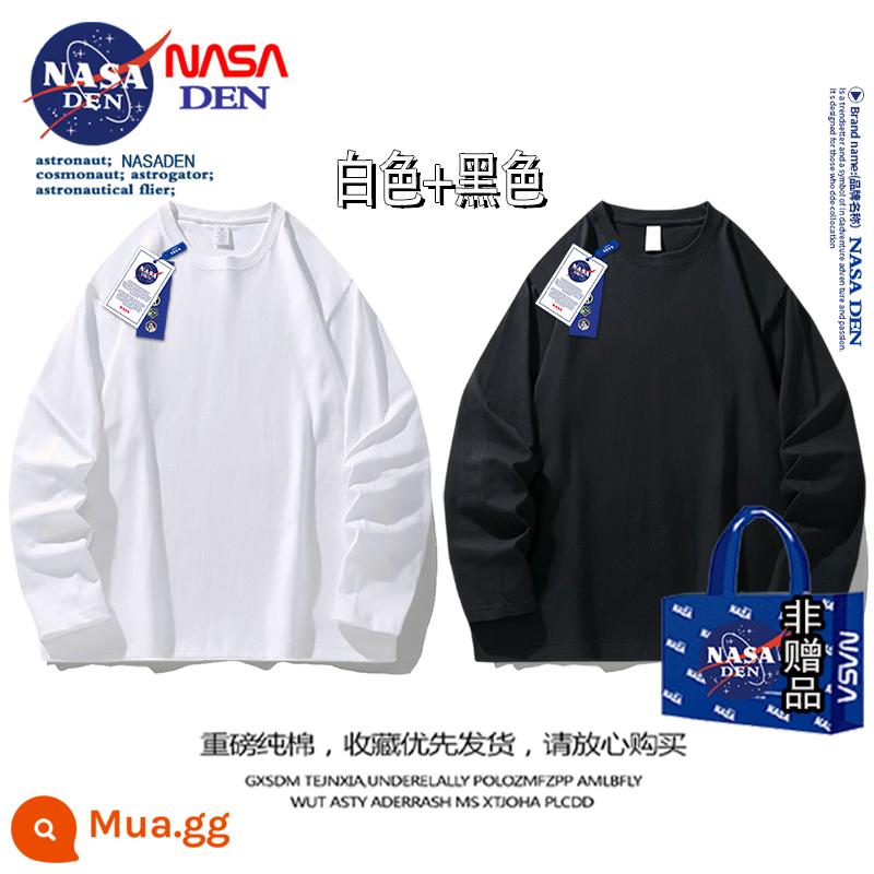 Áo thun nam dài tay hạng nặng của NASA mùa thu cotton nguyên chất cổ tròn dày cotton T rộng màu trơn đa năng áo sơ mi đáy quần dành cho nam - Trắng+Đen